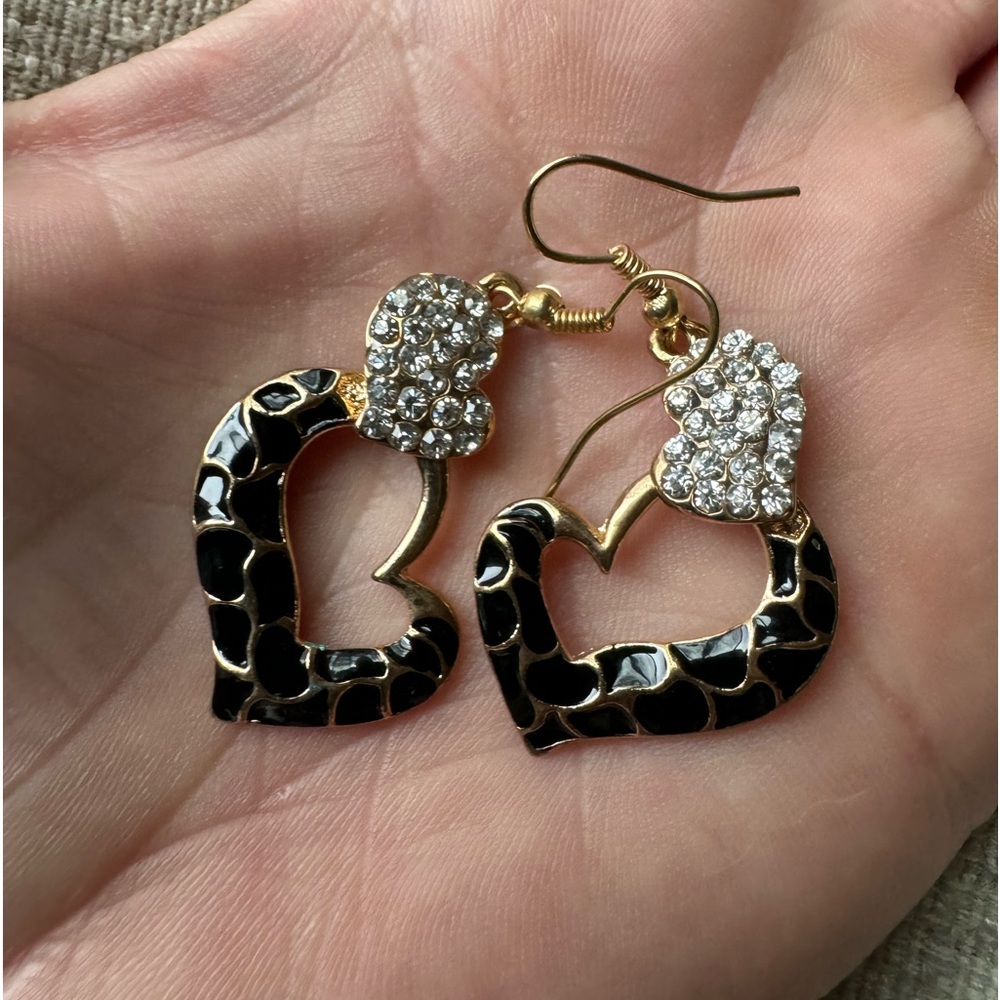 Womens Black Gold Double Hearts Earrings